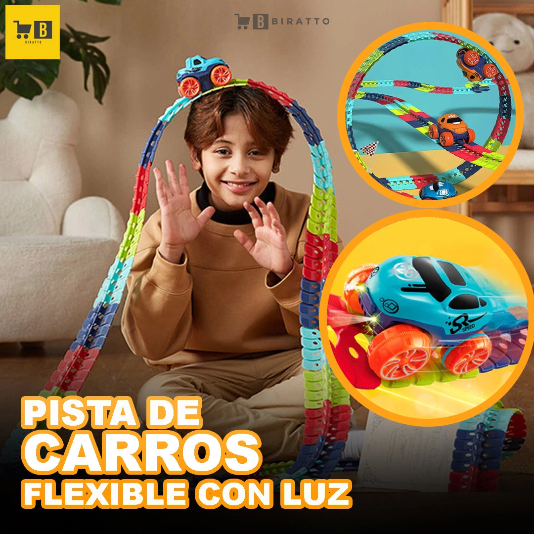 PISTA DE CARROS FLEXIBLE CON LUZ (2 CARRITOS) - JUGUETE TENDENCIA